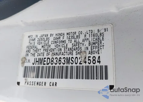 1991 Honda Civic Crx 1.5 Hf from USA, damaged, VIN JHMED8363MS024584